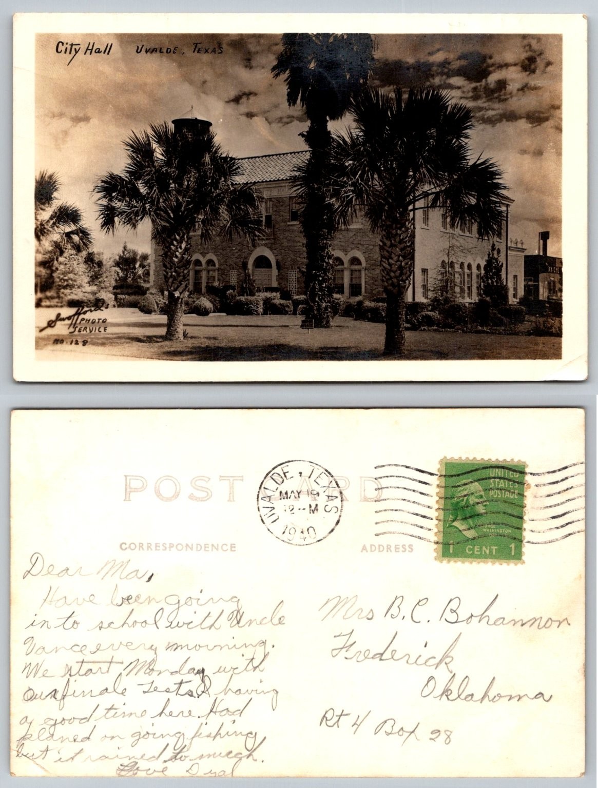 1940 Uvalde Texas City Hall Real Photo Postcard RPPC Vintage Palm Trees