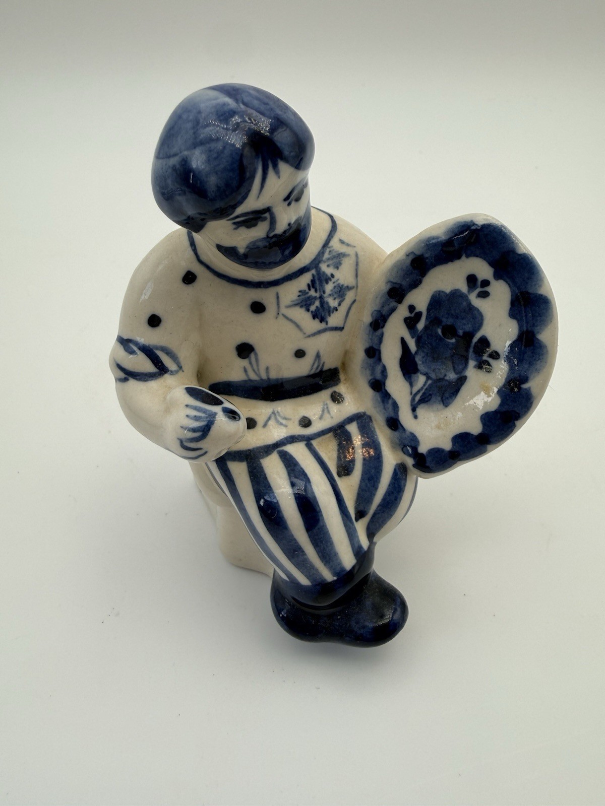 Russian Gzhel Porcelain Seated Man Holding Tray