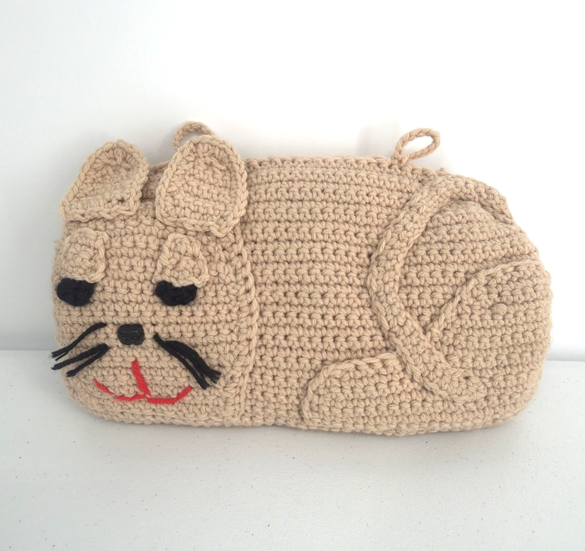 Vintage Handmade Crochet Beige Cat Stuffed Animal Pillow Head Rest Decor
