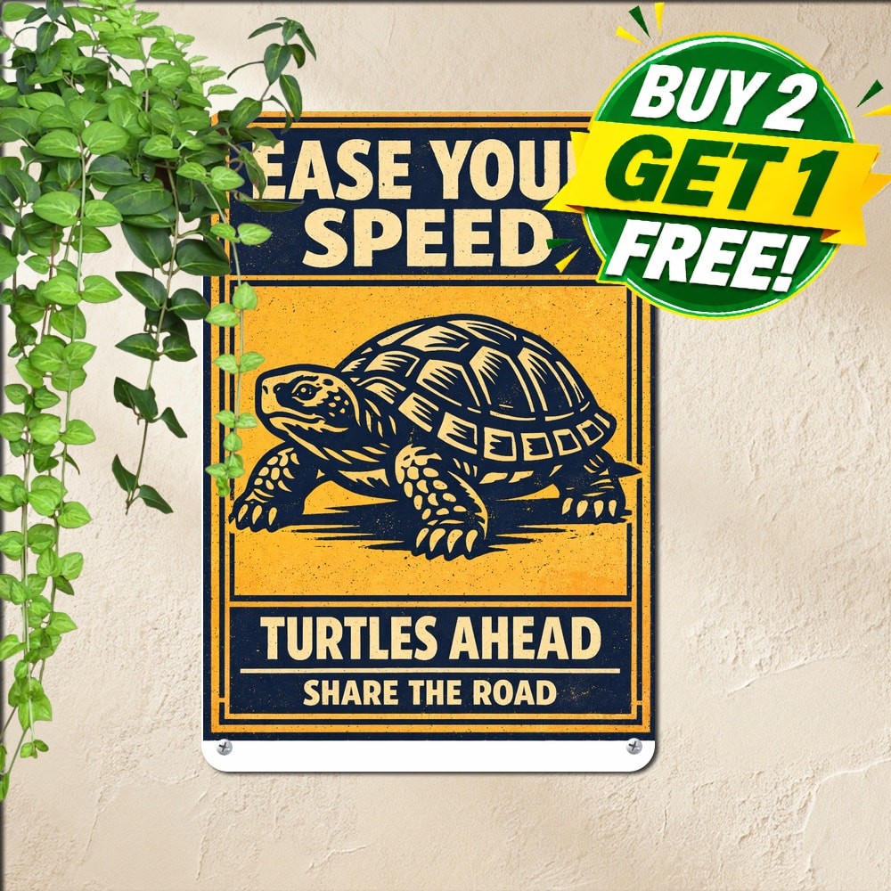 Slow Down Tortoise Crossing Sign Aluminum Reptile Protection Metal Tin Plaque