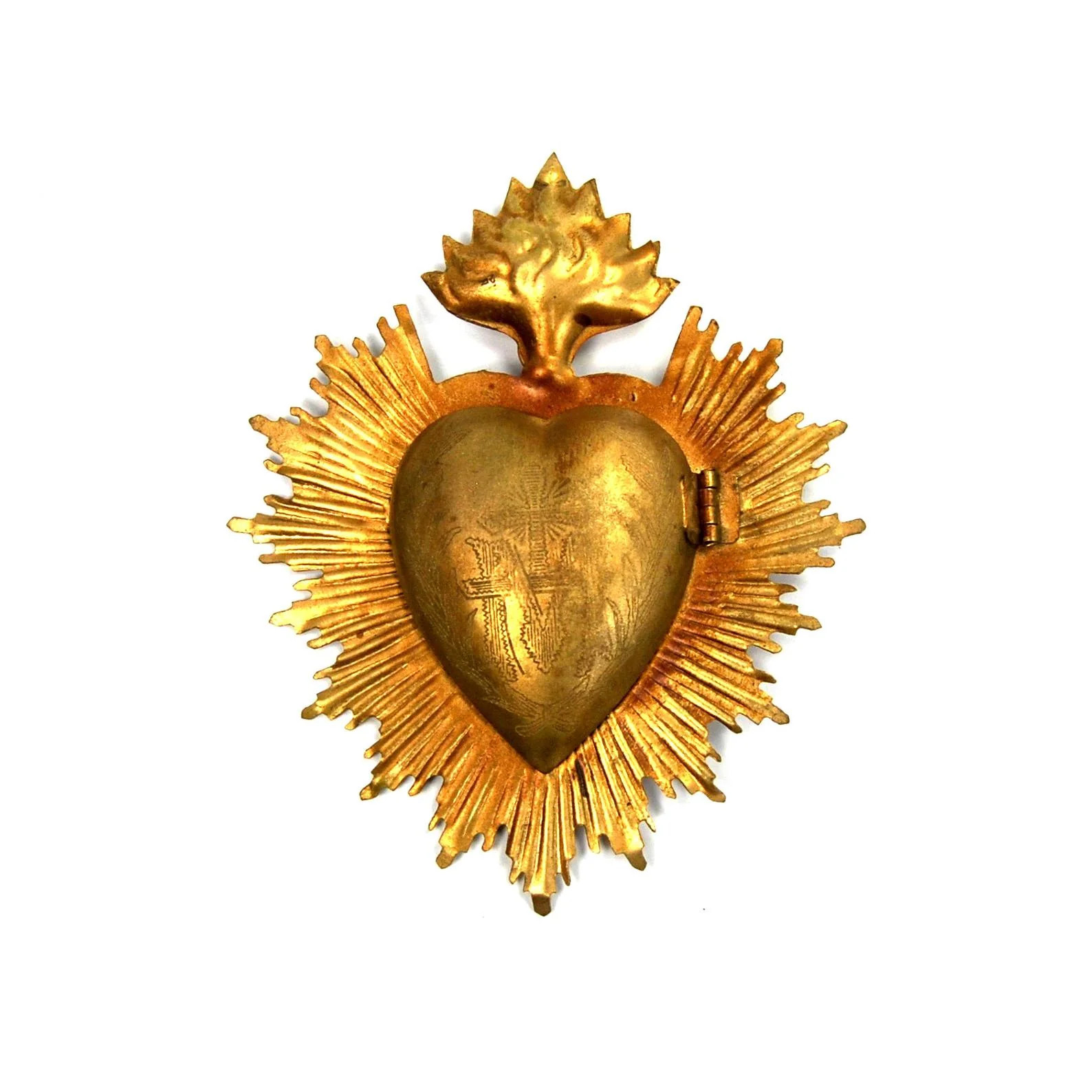 5in Sacred Heart Ex Voto Locket Ornament, Antiqued Gold Burning Heart Milagro 5in Sacred Heart Ex Voto Locket Ornament, Antiqued Gold Burning Heart Milagro