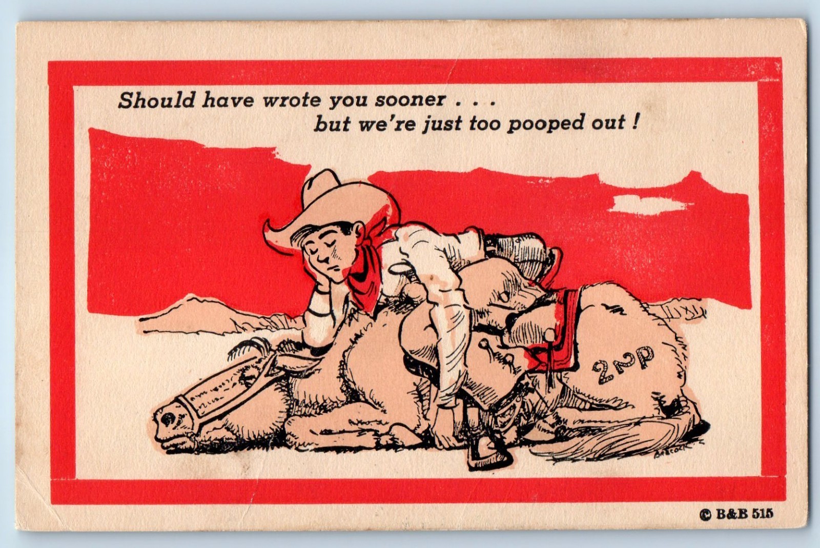 c1940\'s Cowboy And Horse Sleeping Should Have Wrote You Sooner Vintage Postcard c1940\'s Cowboy And Horse Sleeping Should Have Wrote You Sooner Vintage Postcard
