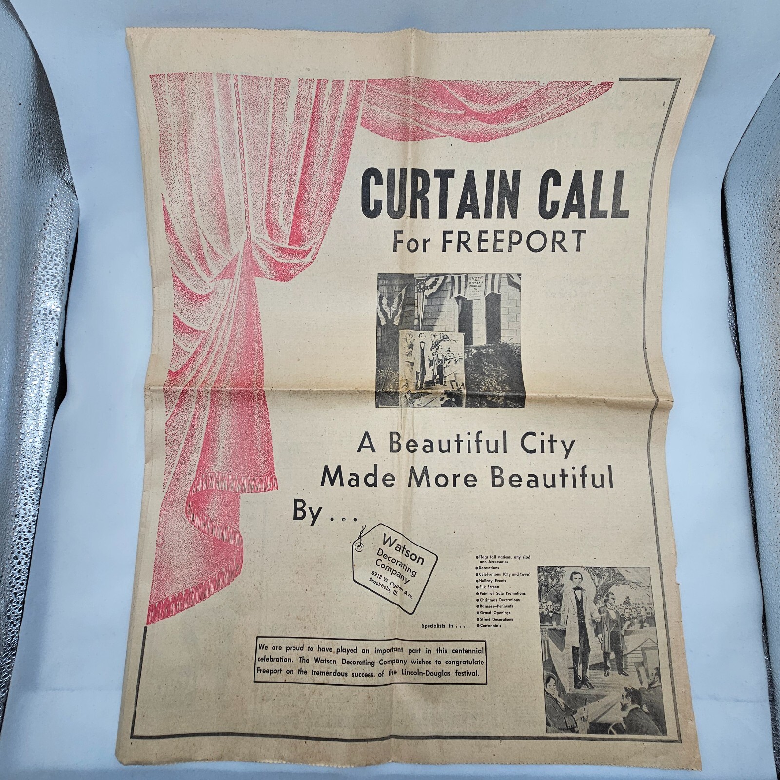 1958 Freeport IL Journal Standard Newspaper/Historic Lincoln-Douglas Comics Ads