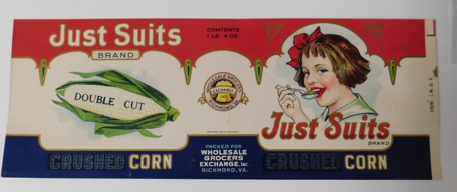 Vintage Just Suits Crushed Corn Can Label Richmond,Virginia Vintage Just Suits Crushed Corn Can Label Richmond,Virginia