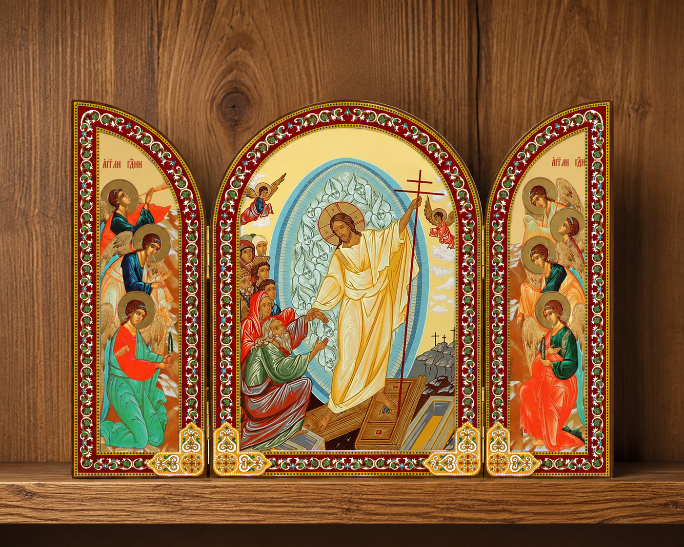Resurrection of Christ with Angels Orthodox Icon Mounted On Wooden Triptych