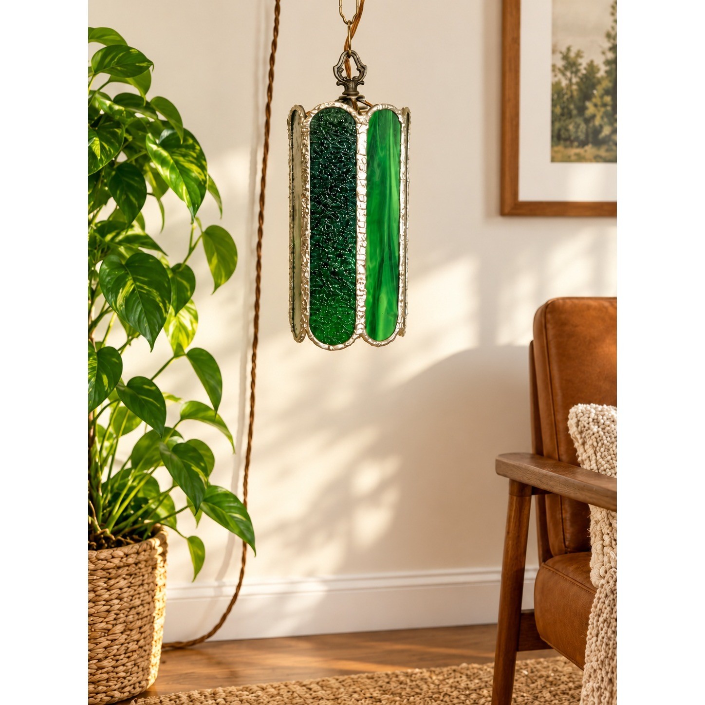 Vintage Emerald Green Stained Glass Pendant Light Boho Hanging Lantern 8 Panel