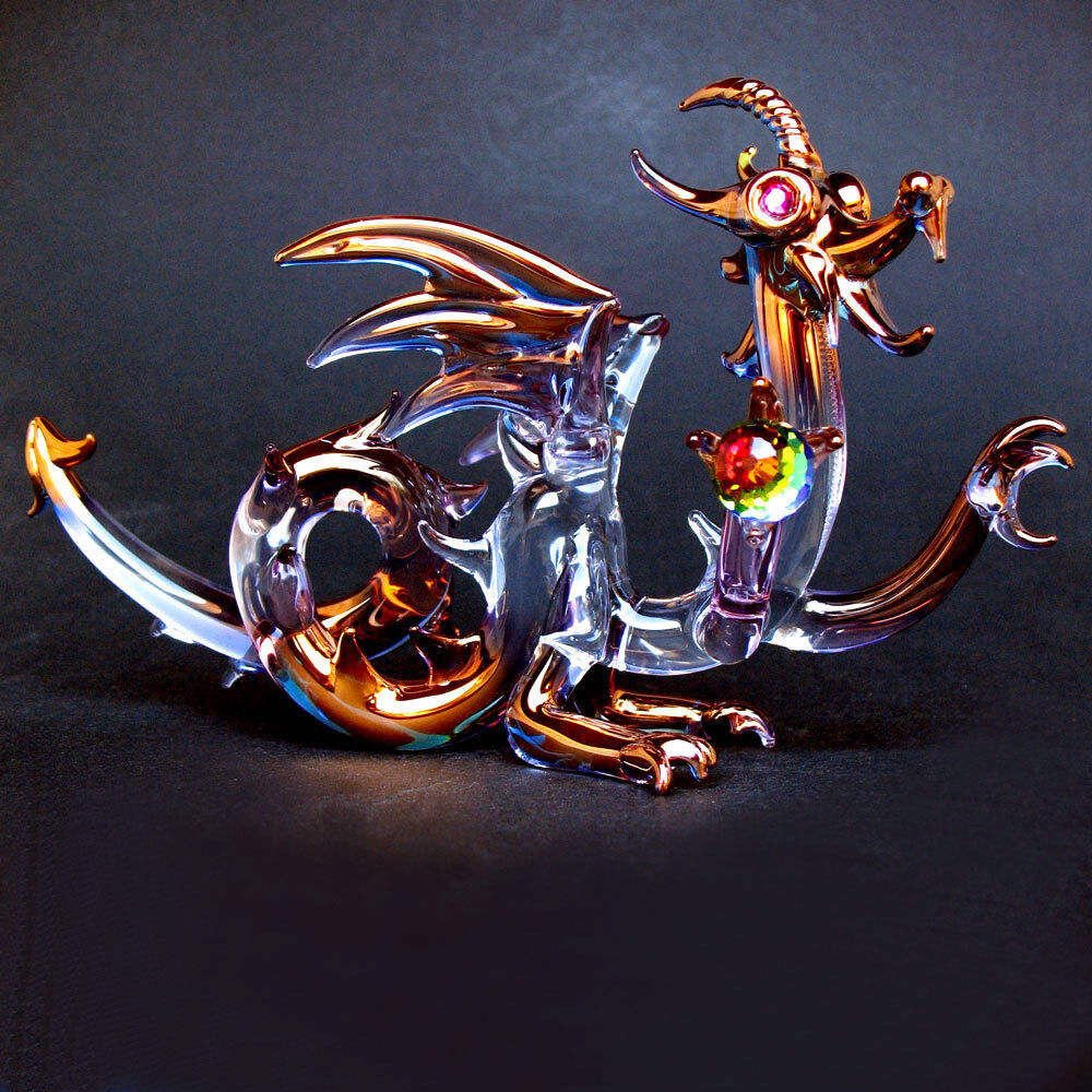 Dragon Medieval Hand Blown Glass Figurine Crystal Gold