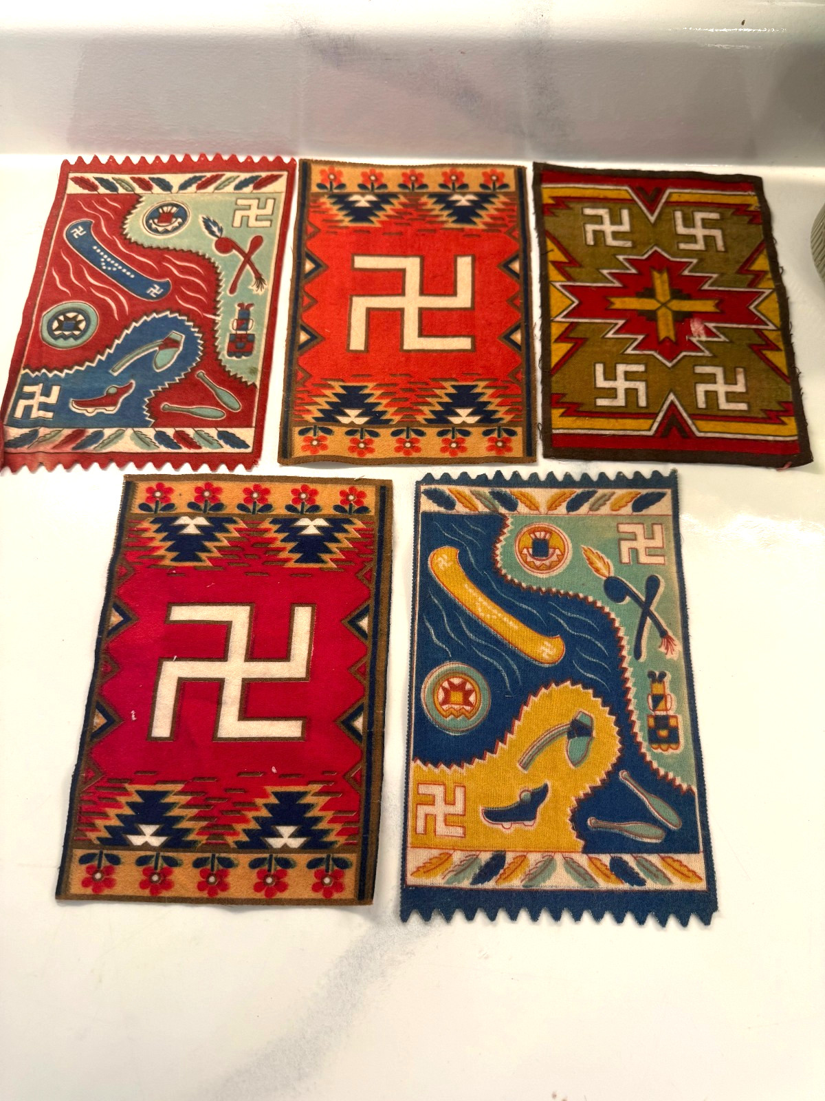 Antique 1910\'s Tobacco Felts Lot of 5 Native American Rug Design Whirling Log