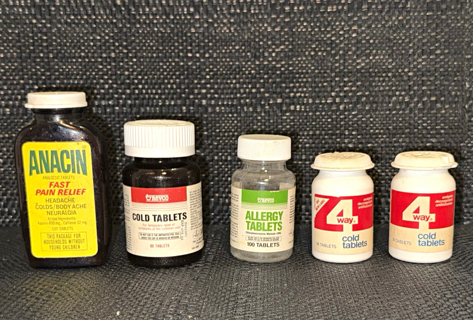 Vintage Medicine Bottles Lot of 5 - Anacin, Revco, 4-Way Cold Tablets Apothecary
