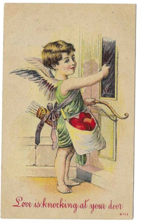 Antique 1911 Valentines Day Cupid bow & Arrow Love Knocking on door Postcard Antique 1911 Valentines Day Cupid bow & Arrow Love Knocking on door Postcard