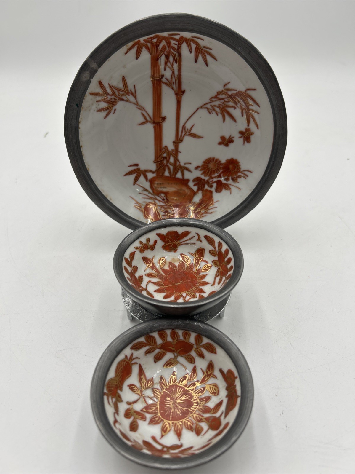 Vtg Japanese Pewter Wrapped Porcelain Bowls Plate Set Red Gilt Bamboo ACF