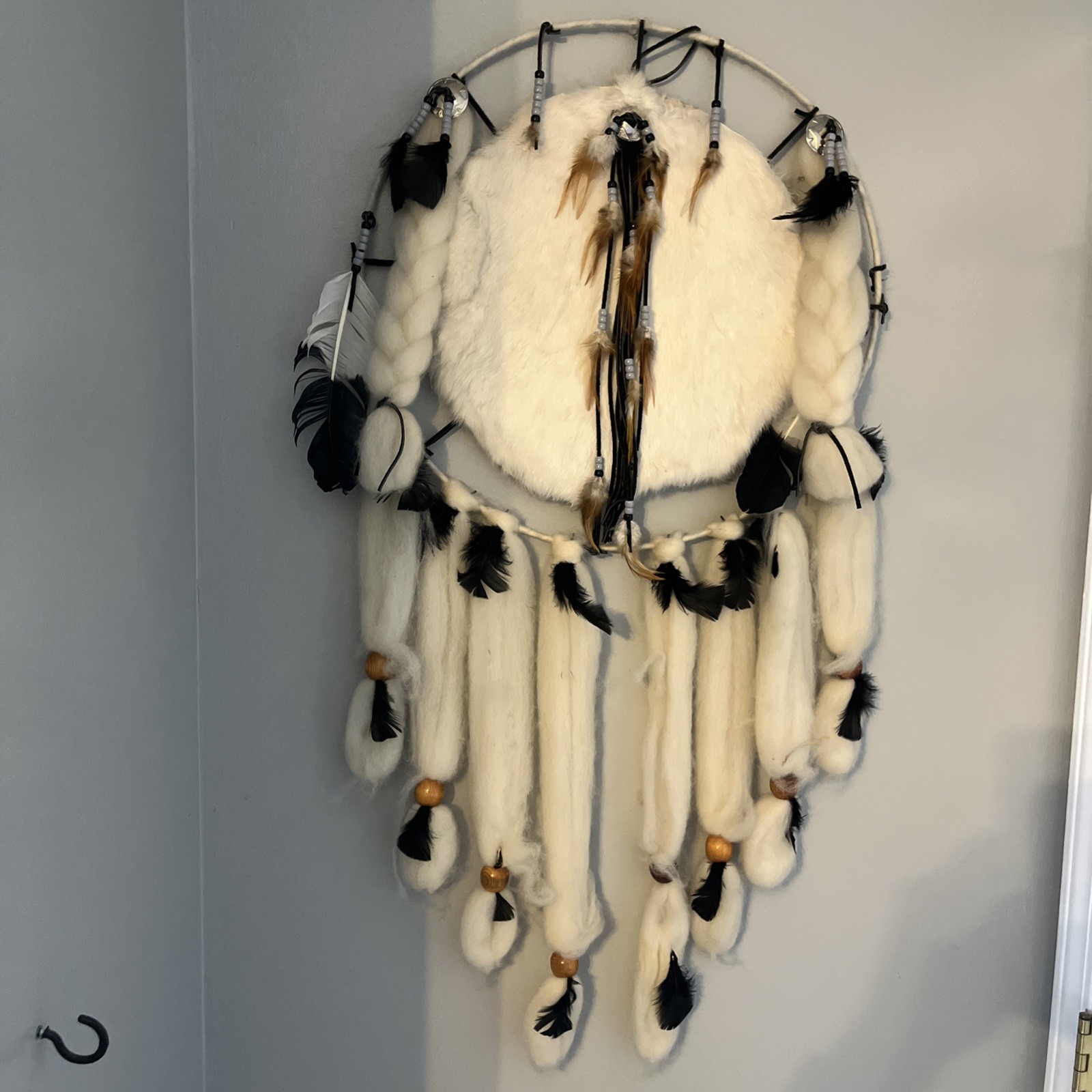 VTG Huge Native American Dream Catcher Art Fur, Wool, and Feathers 40” VTG Huge Native American Dream Catcher Art Fur, Wool, and Feathers 40”