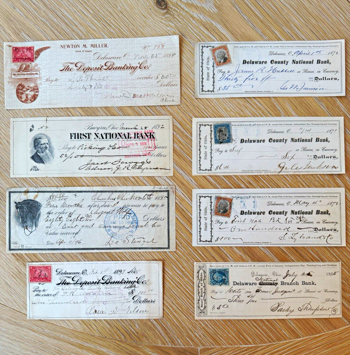 Lot of 8 Antique Ohio Bank Checks/Drafts 1866-1897 w/ Revenue Stamps Lot of 8 Antique Ohio Bank Checks/Drafts 1866-1897 w/ Revenue Stamps