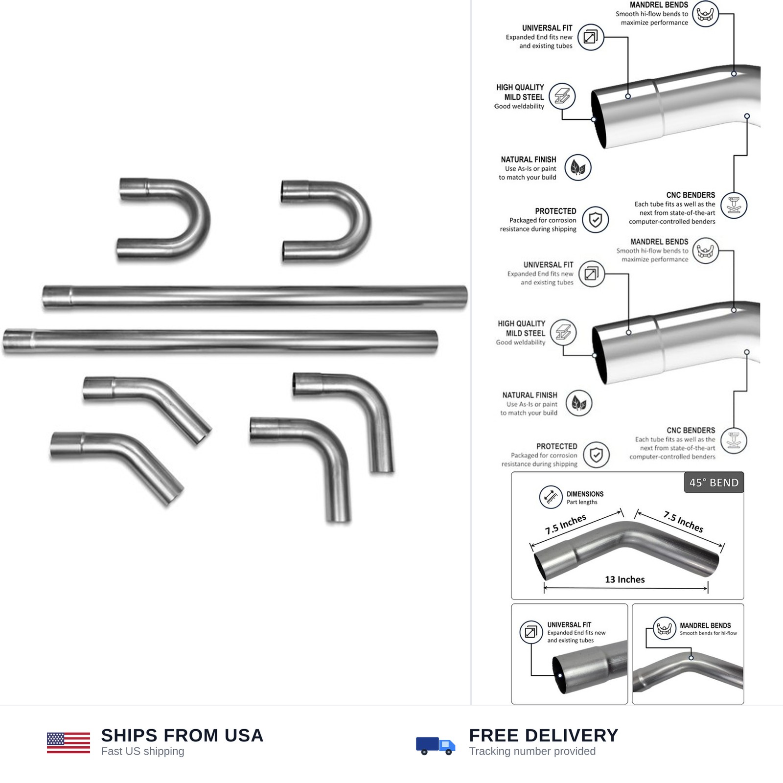 2.5 Exhaust Pipe Kit Mild Steel Mandrel 45 90 Straight U-Bend Tube 8Pcs 2 1/2... 2.5 Exhaust Pipe Kit Mild Steel Mandrel 45 90 Straight U-Bend Tube 8Pcs 2 1/2...