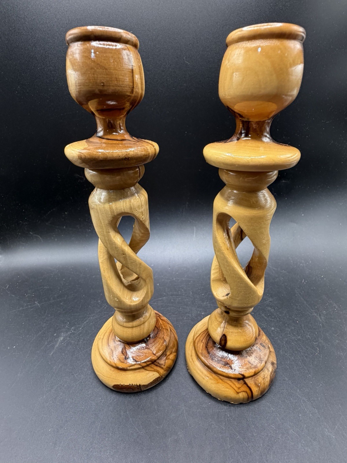 Hand Carved Olive Wood Candlestick Holders Pair Twisted Spiral 7.5 Inch