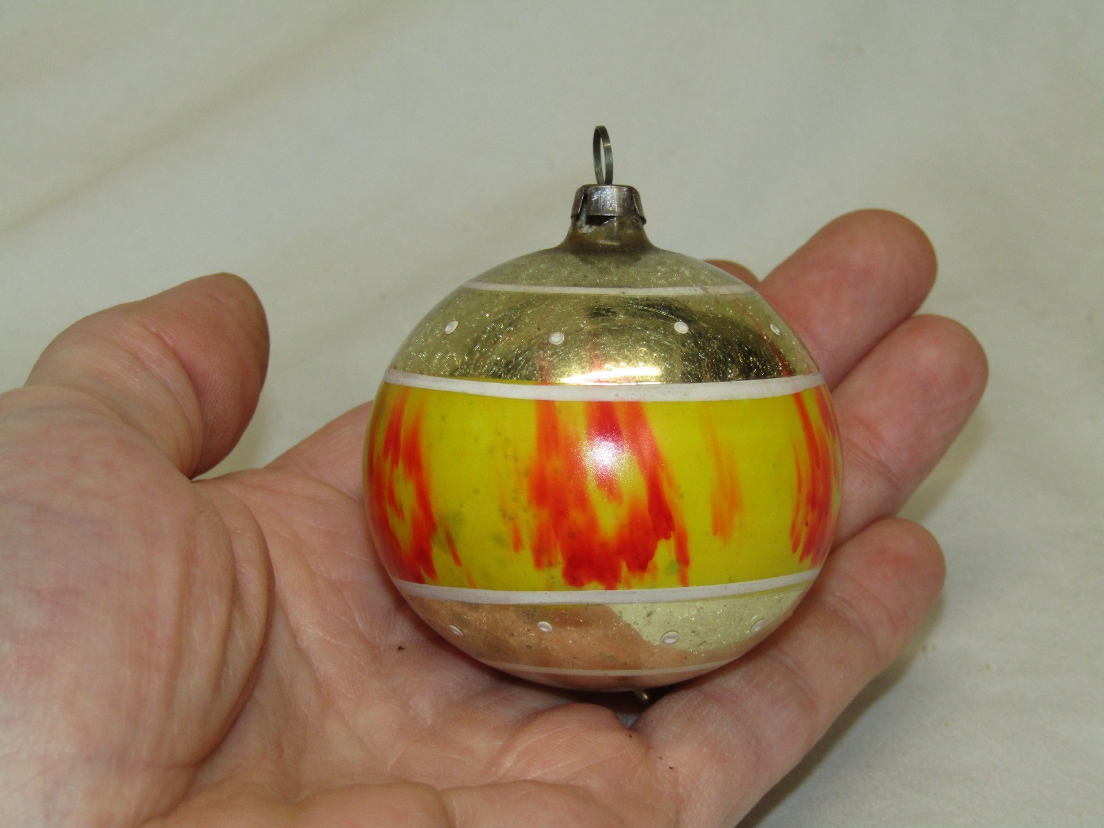 German Antique Glass End of Day Vintage Striped Ball Christmas Ornament 1930's