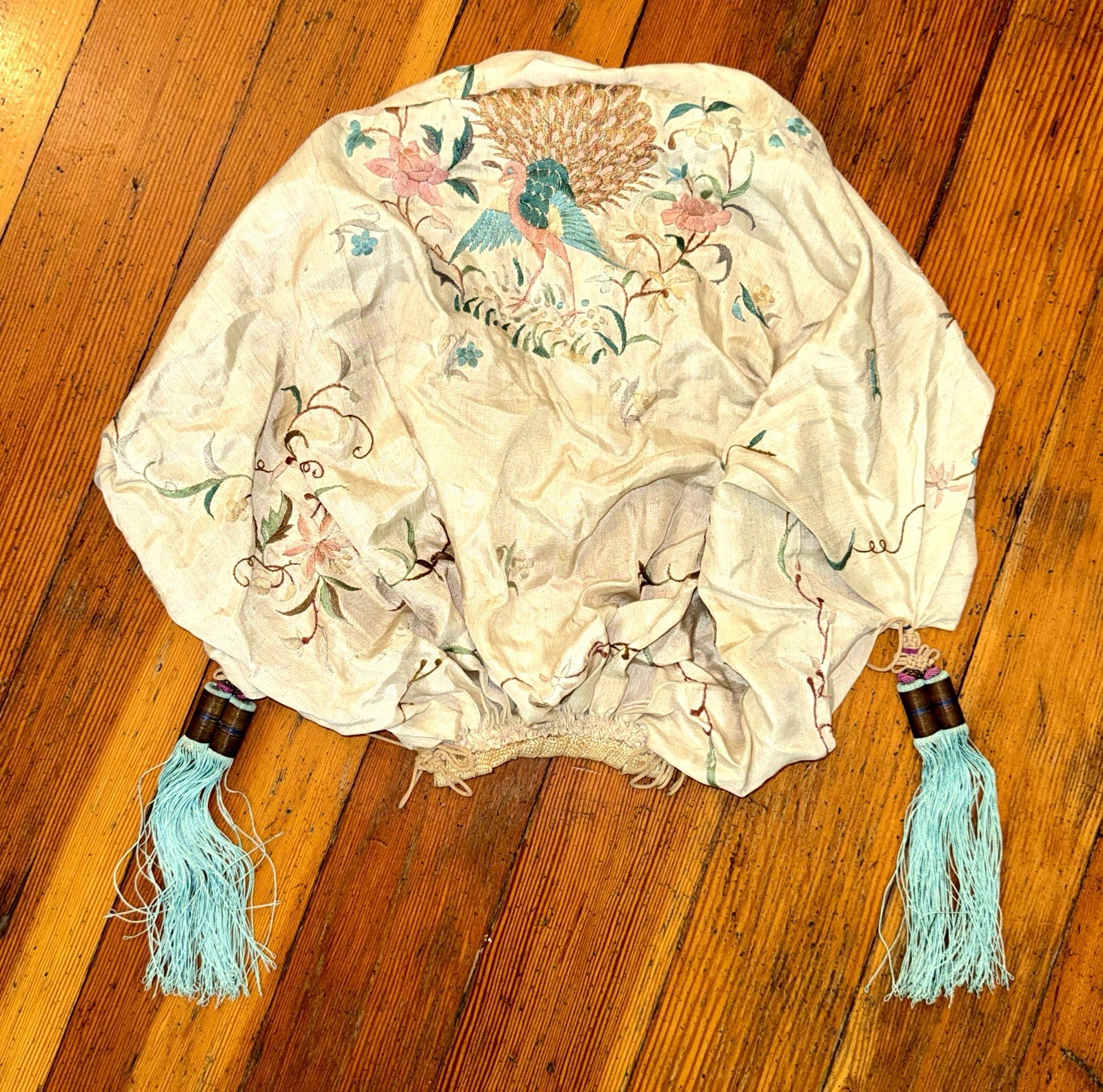 Vtg Antique CHINESE UNKNOWN Embroidery SILK Peacock FLOWERS Tassels Gathered BAG Vtg Antique CHINESE UNKNOWN Embroidery SILK Peacock FLOWERS Tassels Gathered BAG