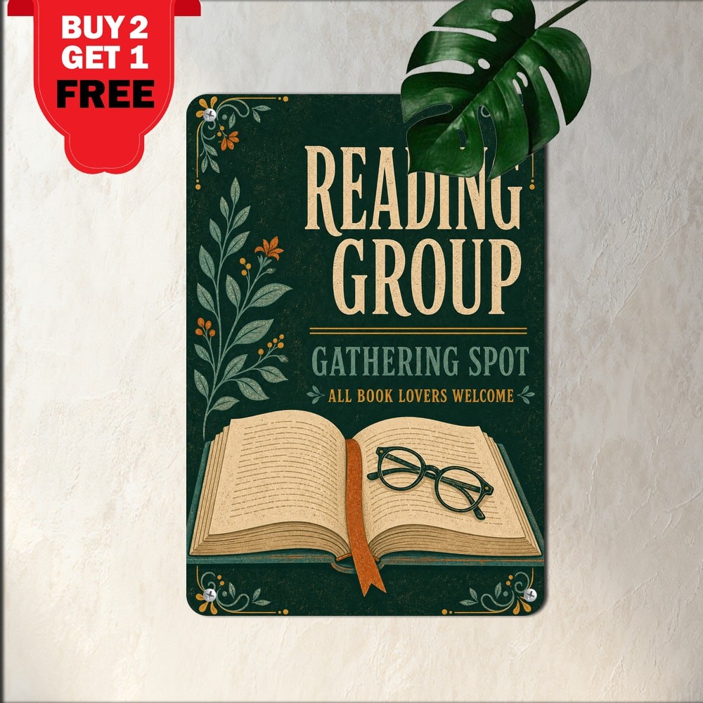Book Club Meeting Spot High Contrast Typographic Metal Tin Sign Decor 8x12