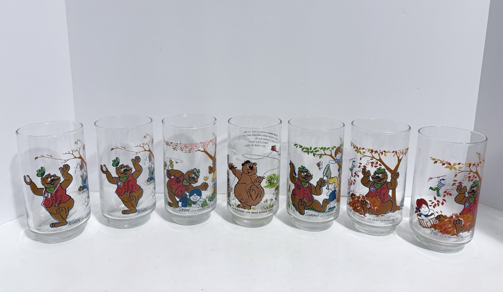 Set Of 7 Vintage LK\'s Restaurant Pierre The Bear Drinking Glasses 1978-79