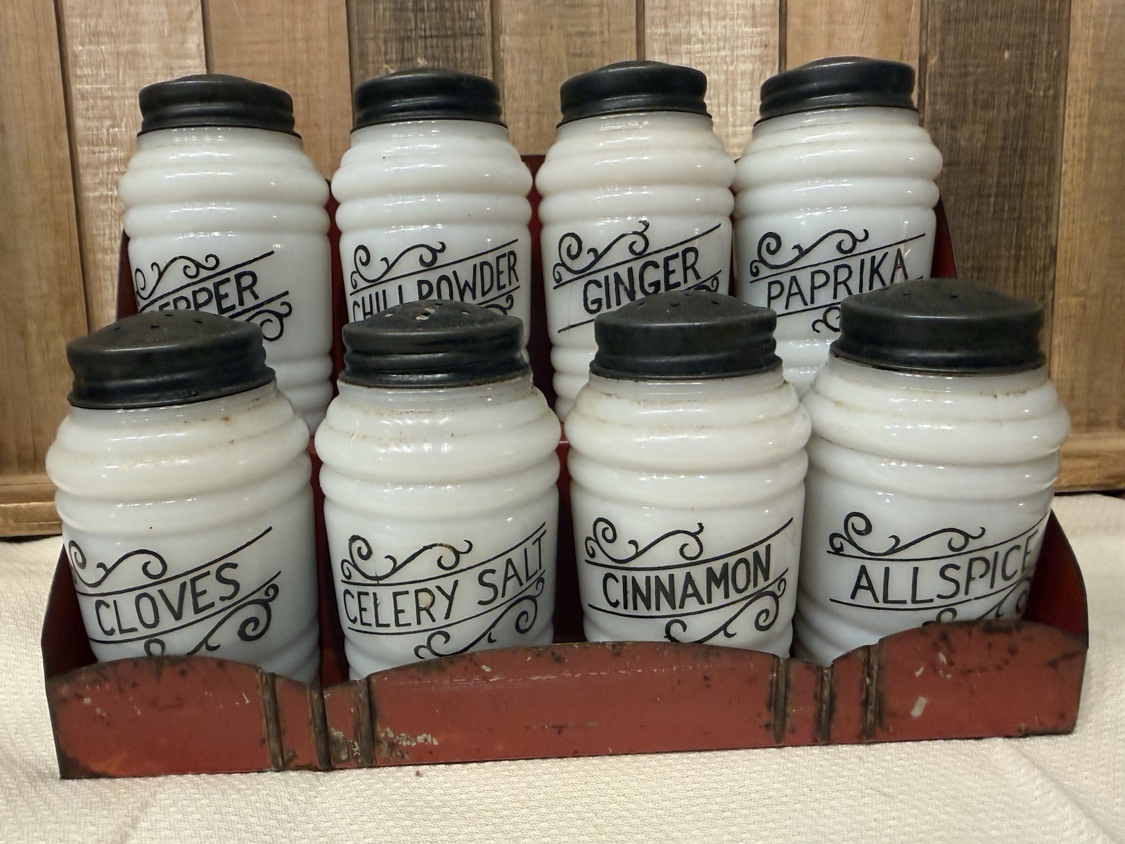 Vintage Hazel Atlas Beehive Scroll lettering milk glass Spice Shakers & Rack Vintage Hazel Atlas Beehive Scroll lettering milk glass Spice Shakers & Rack