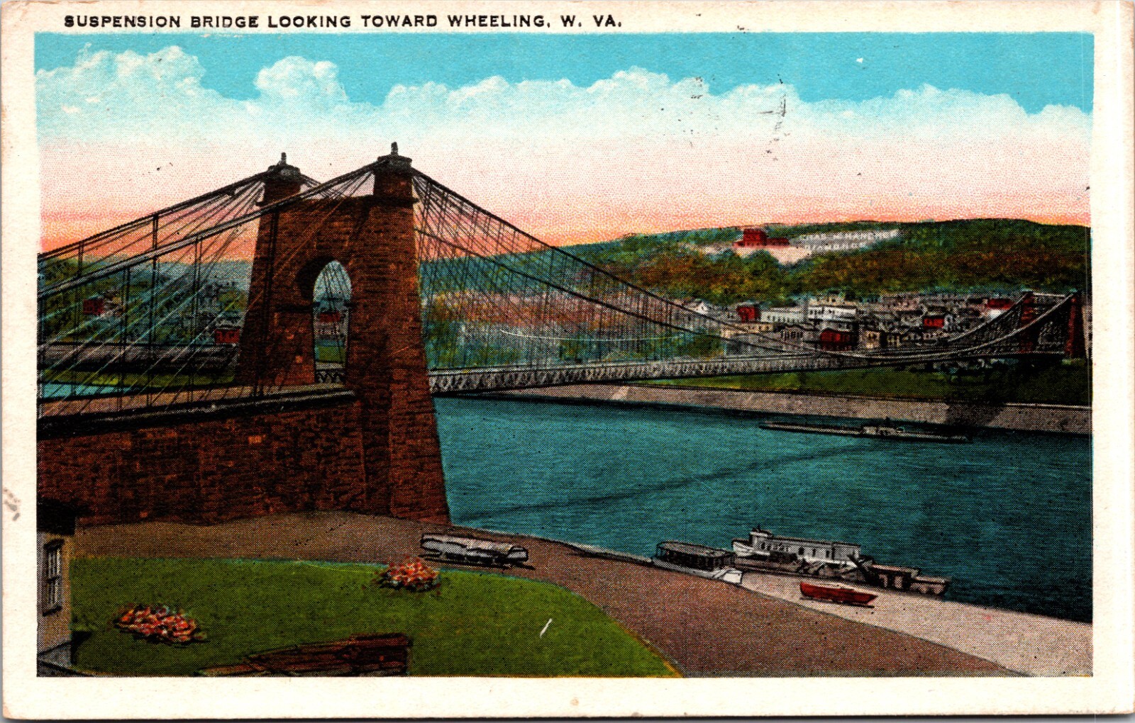 Suspension Bridge Looking Toward Wheeling, West Virginia - Postcard