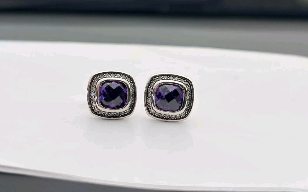 David'Yurman 925 Sterling Silver stud earrings Purple Amethyst pavé bezel