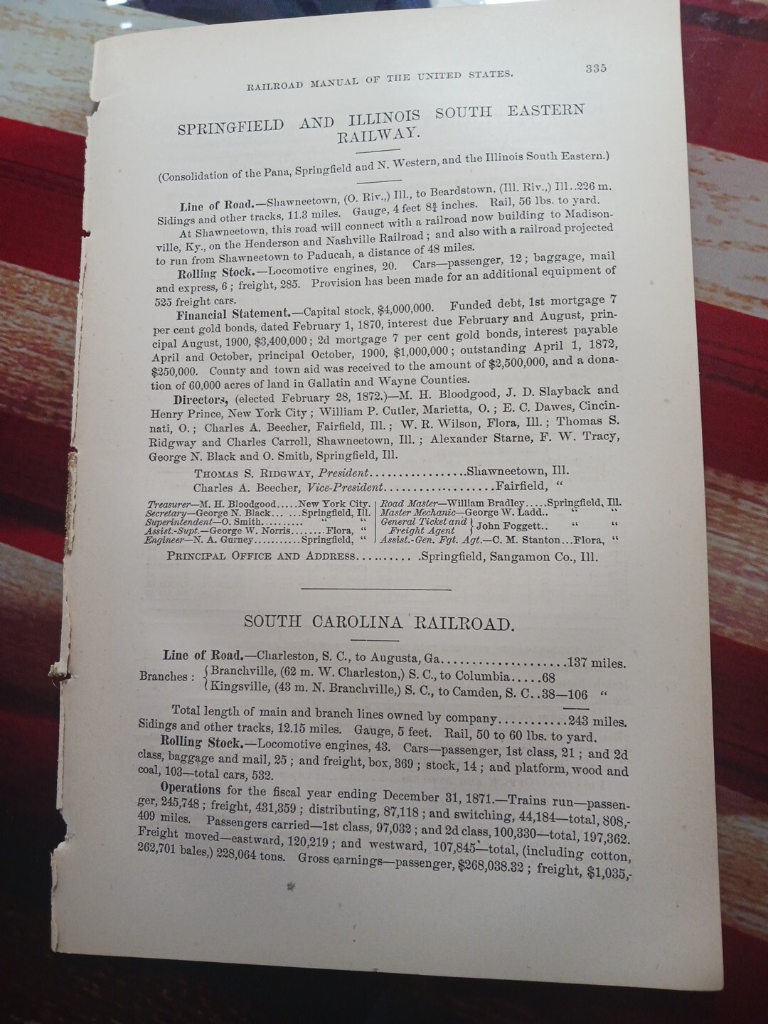 1872 Train Report SPRINGFIELD & ILLINOIS SOUTH EASTERN RAILWAY Beardstown IL RR