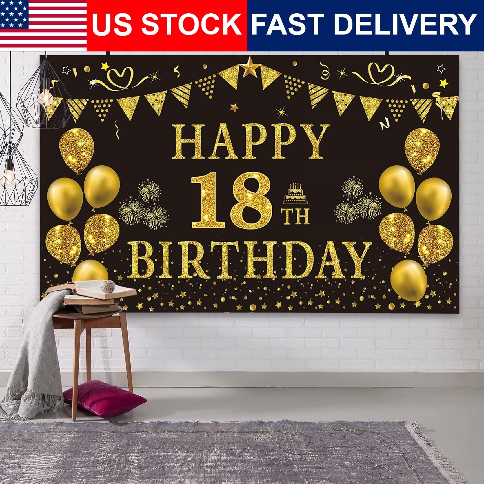 18th Birthday Backdrop Gold Black 5.9x3.6ft Balloons Stars Photo Banner Boys 5.9