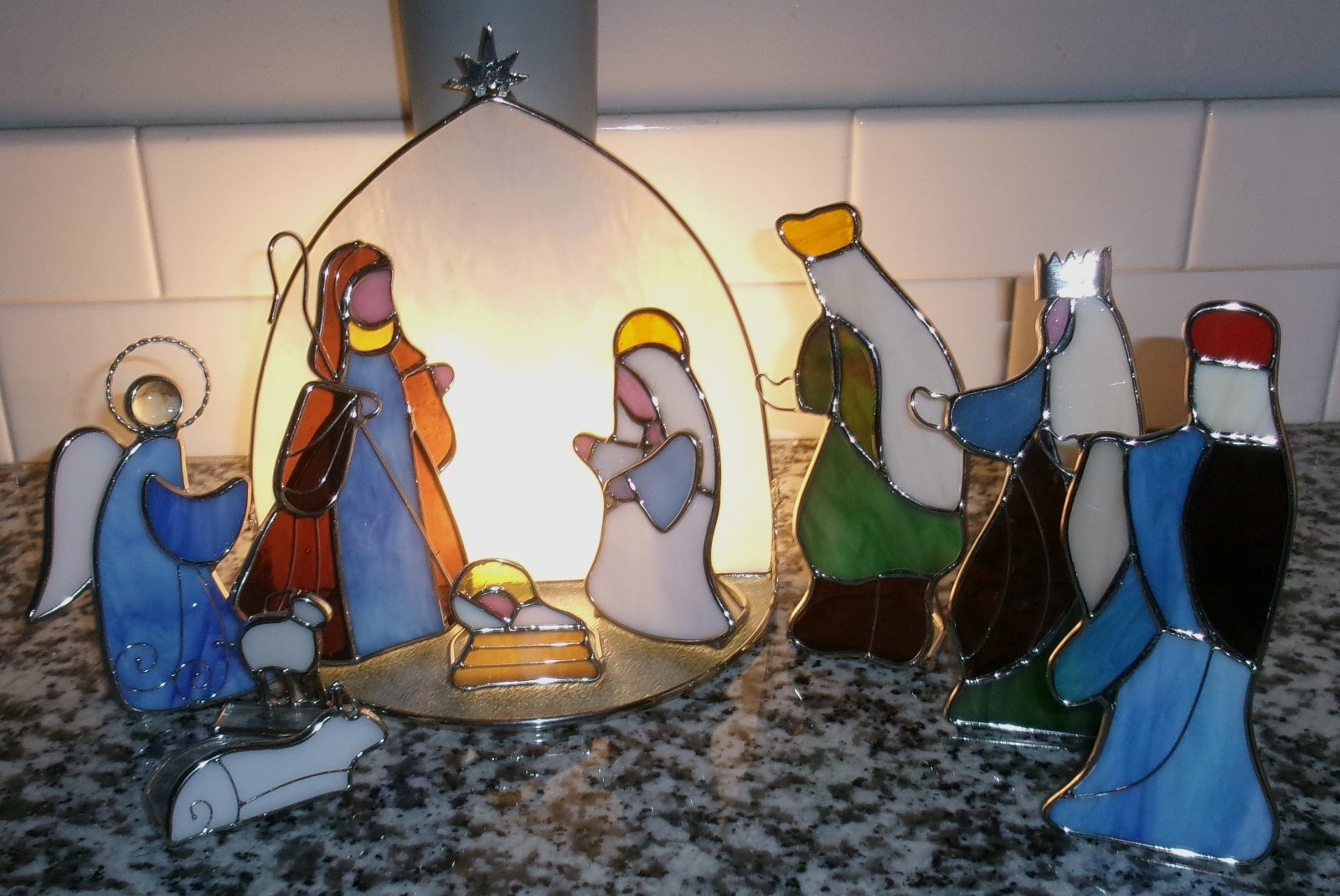 Nativity Scene Set Stained Glass Stable w/ Baby Jesus Mary Joseph Wisemen 10 pc Nativity Scene Set Stained Glass Stable w/ Baby Jesus Mary Joseph Wisemen 10 pc