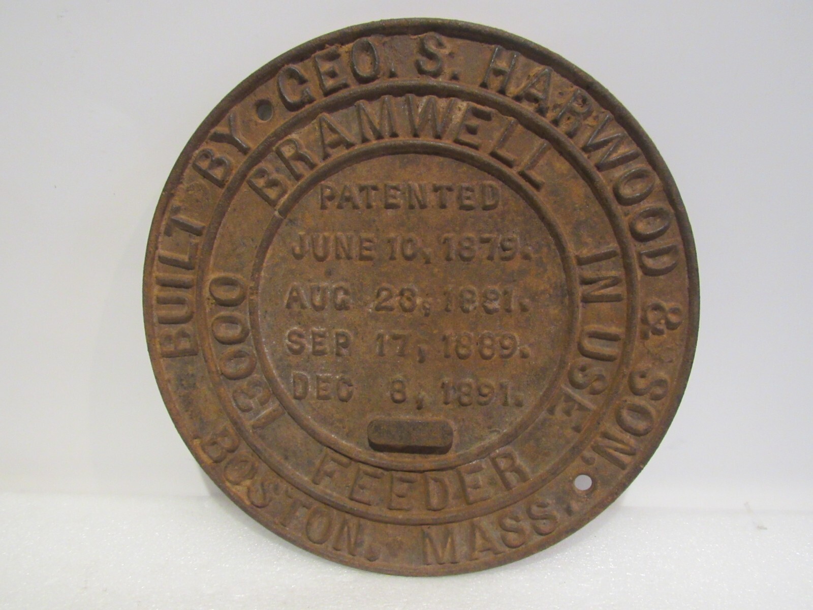 Vintage Bramwell Feeder CEO S Harwood & Son Boston MA Heavy Cover  plate USA