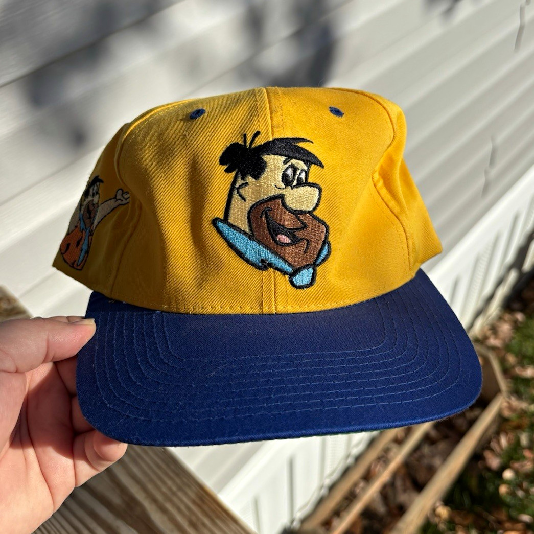 Vtg 1993 Fred Flintstone Blockhead Snapback Hat Yellow American Needle