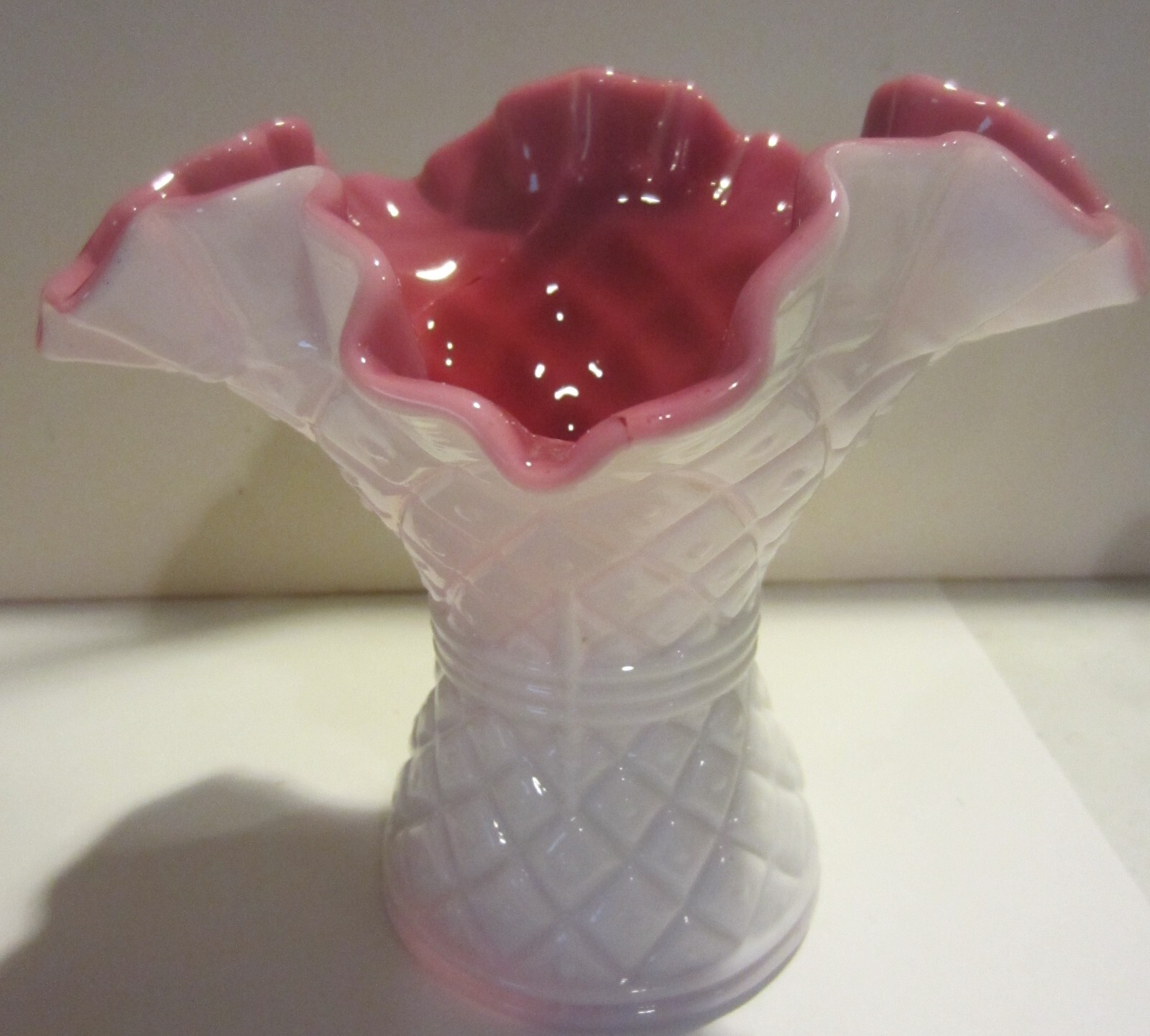Vintage Kanawha Milk  Glass Ruffled Edge Diamond Dot Vase