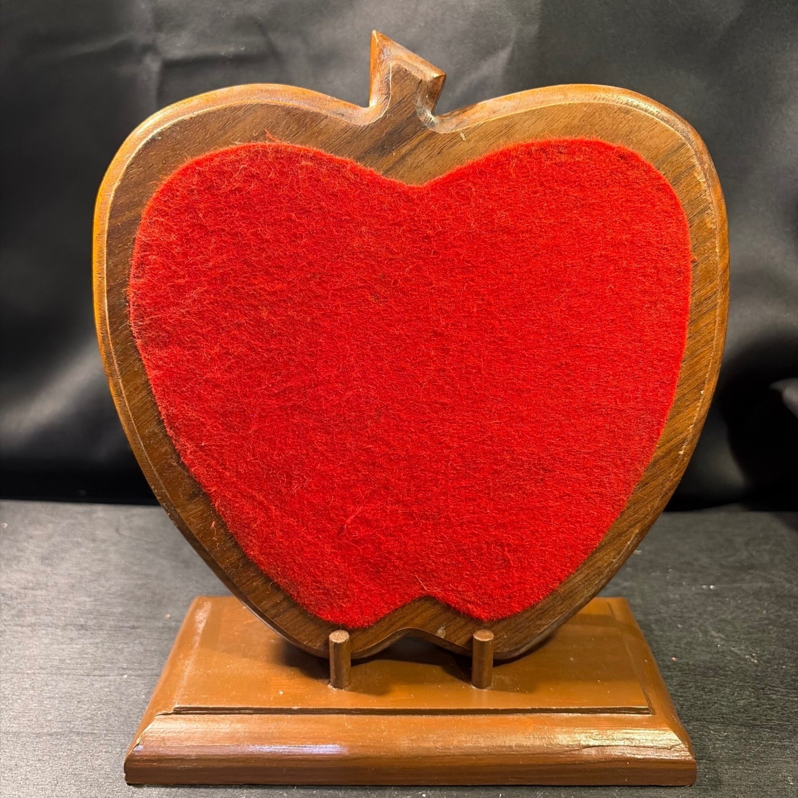 Vintage Wooden Apple Plaque with Red Felt Inlay Trivet Decor