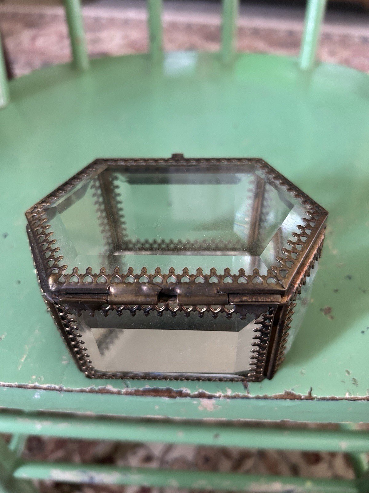 Vintage Brass & Beveled Glass Hexagonal Footed Trinket Box Ormolu Mint Cond.