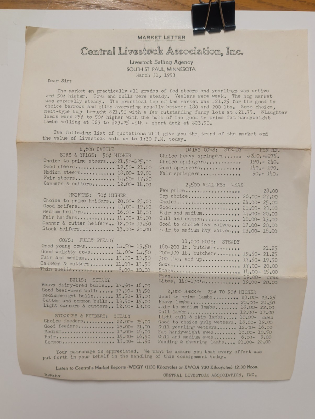 1953 Vintage Central Livestock Association South St. Paul Trend & Market Value 1953 Vintage Central Livestock Association South St. Paul Trend & Market Value