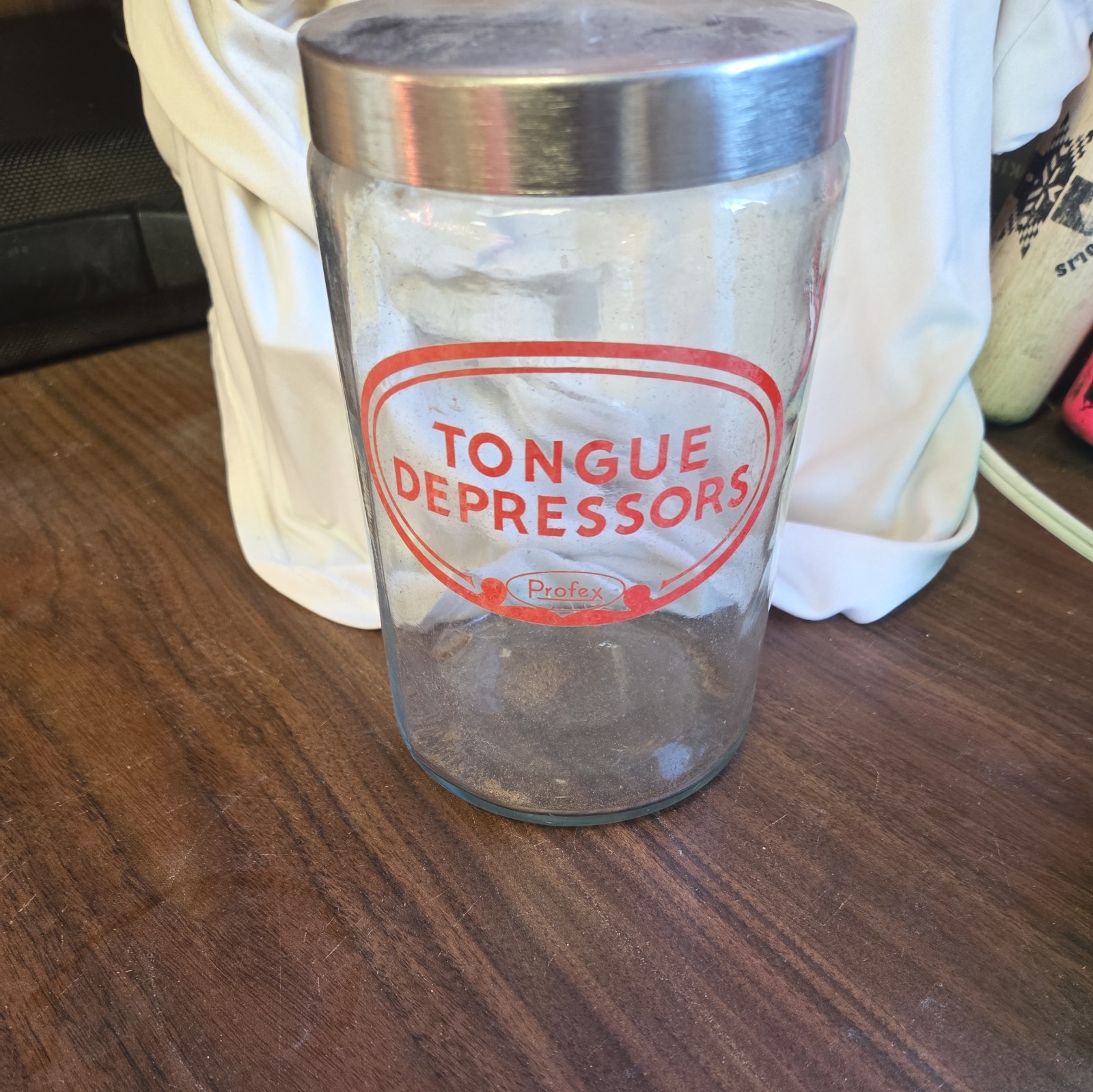Vintage Profex Glass Medical Apothecary Jar - Tongue Depressors. Vintage Profex Glass Medical Apothecary Jar - Tongue Depressors.