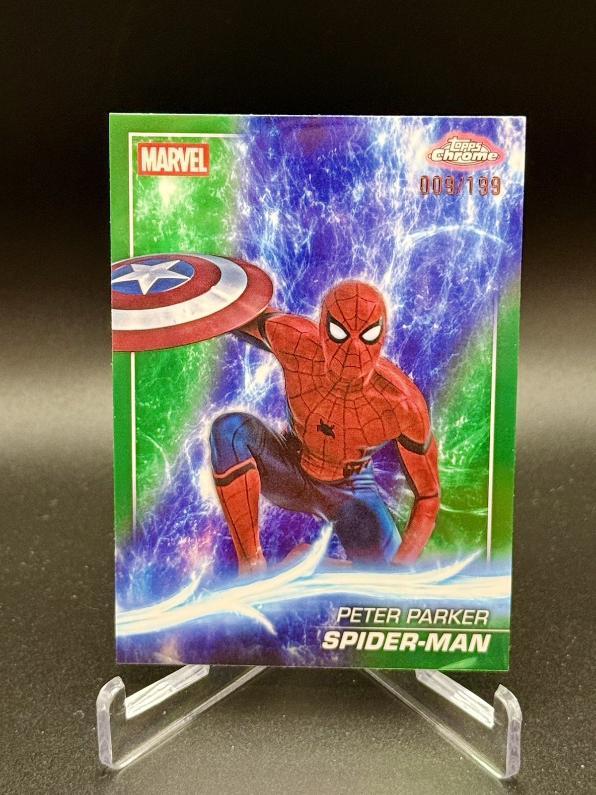 2025 Topps Chrome Marvel Studios 61 Spider-Man Green Refractor 9/199