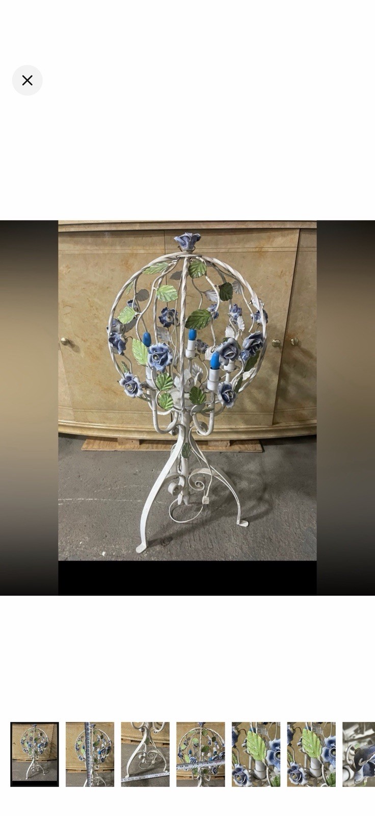 VTG Italian tole birdcage-style accent lamp blue porcelain roses, wrought iron VTG Italian tole birdcage-style accent lamp blue porcelain roses, wrought iron