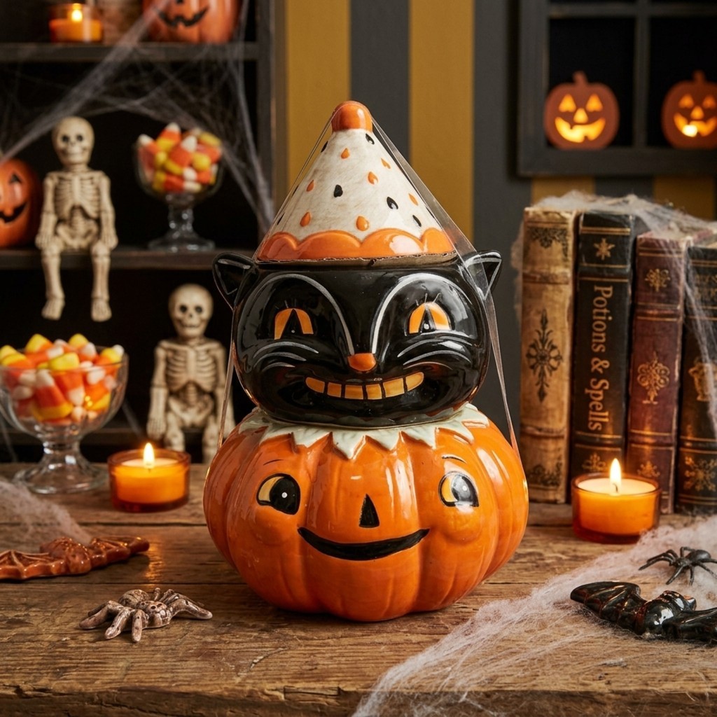 Johanna Parker Halloween Whimsical Black Cat Pumpkin Cookie Jar