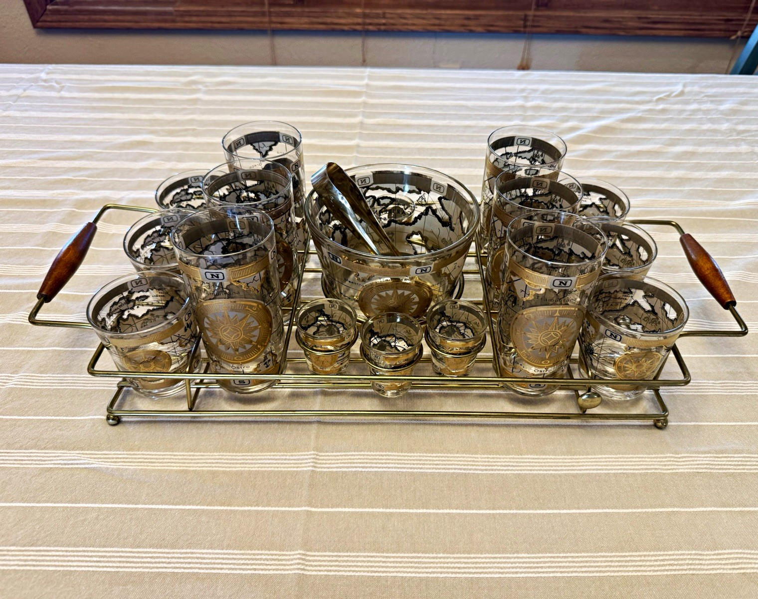 Complete 21 piece vintage MCM barware set.  22k gold Cera “Caribbean Map”