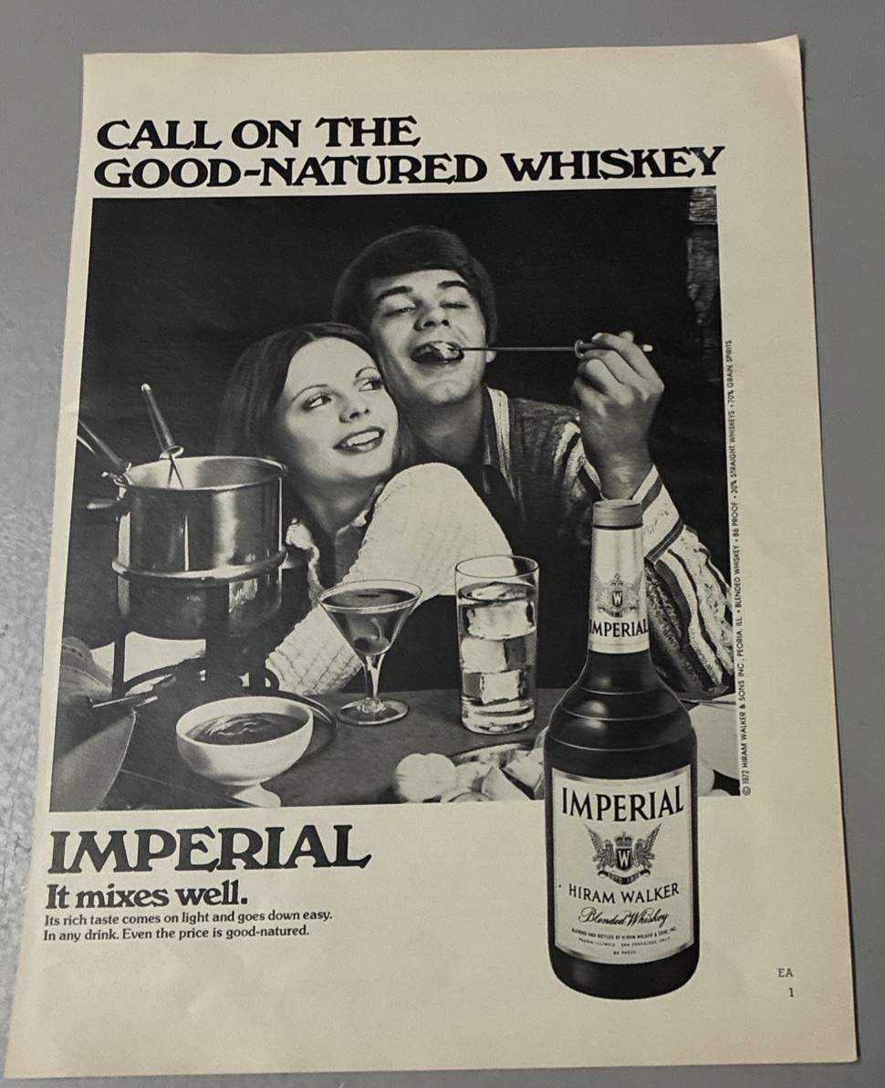1973 Vtg B/W print ad For Imperial Hiram Walker Blended Whiskey+Bonus Playboy Ad