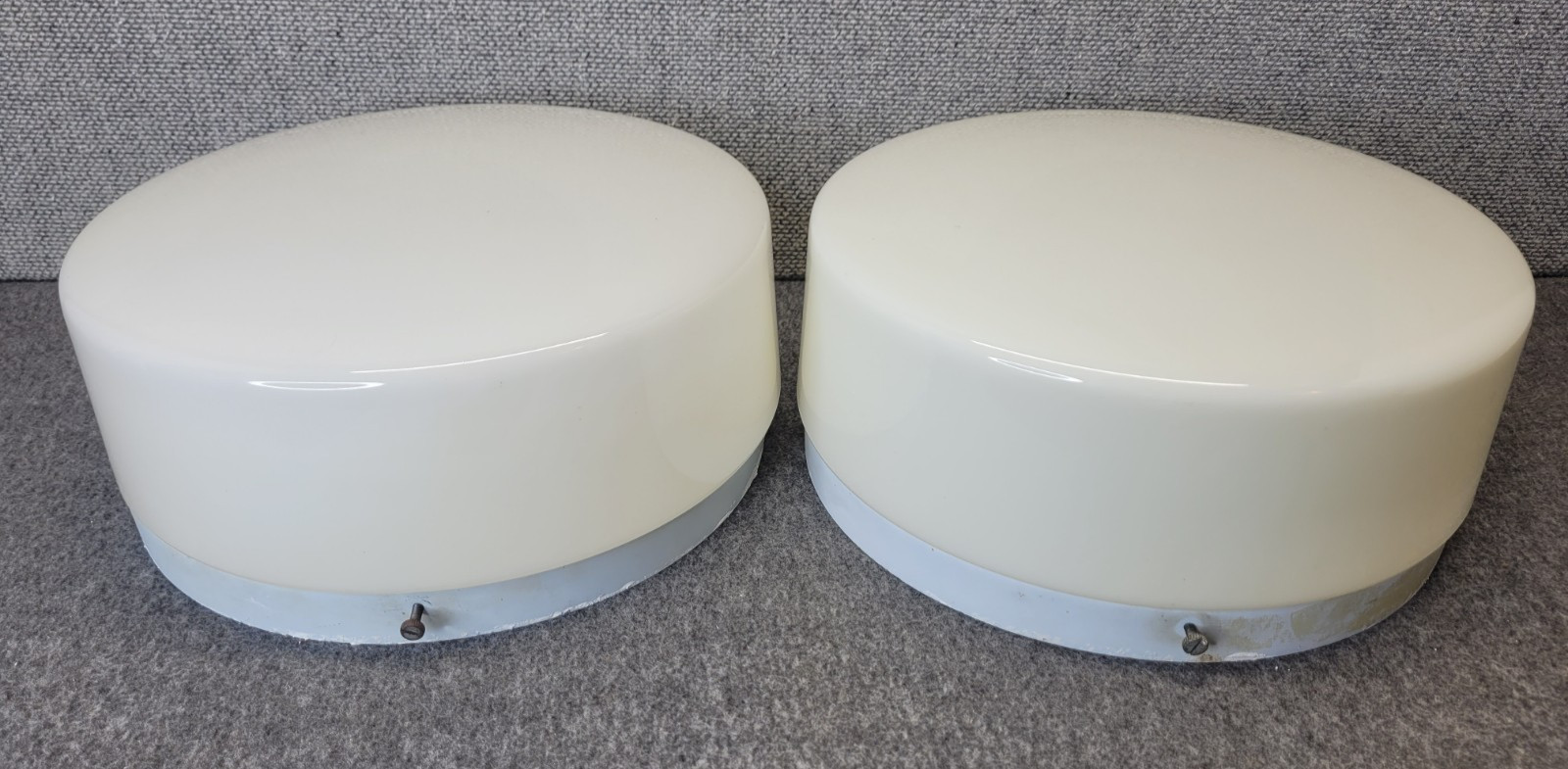 Vtg Lot 2 MCM Prescolite Metal Milk Glass Flush Mount Drum Ceiling Light 12