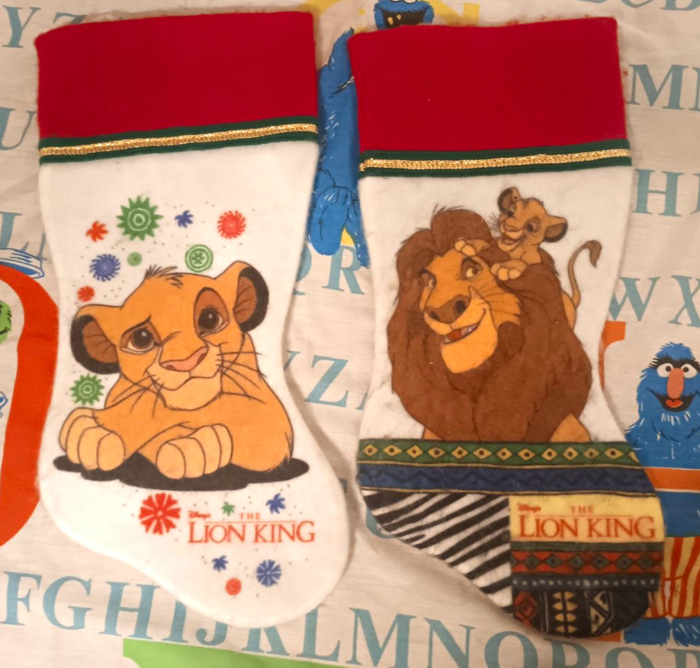 Vintage Disney The Lion King Christmas Felt Stockings Set of 2 Simba & Mufasa