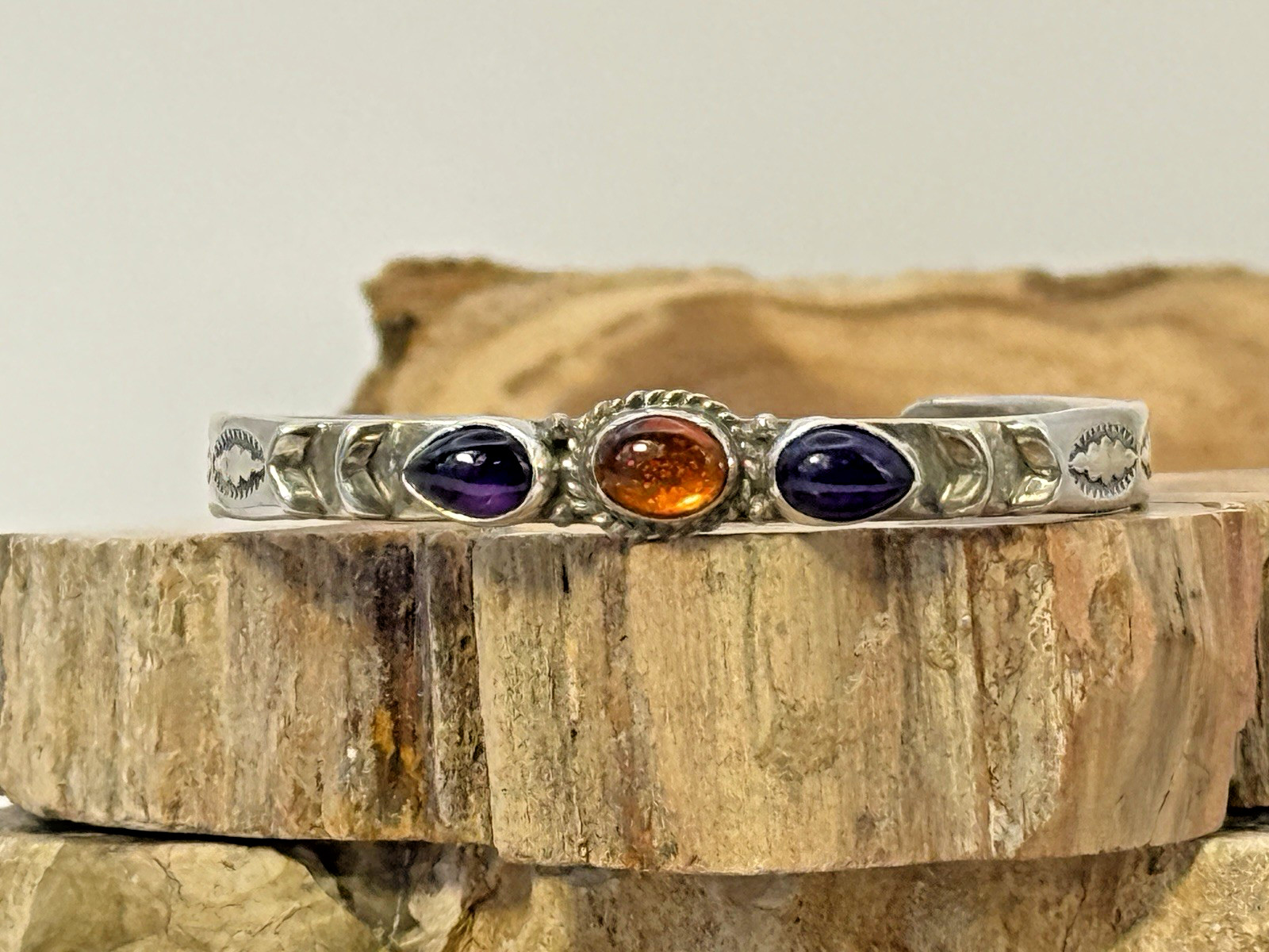 Tobe Turpen Shop Sterling Silver Amber/Amethyst Stamped Cuff Bracelet--1073.26 Tobe Turpen Shop Sterling Silver Amber/Amethyst Stamped Cuff Bracelet--1073.26
