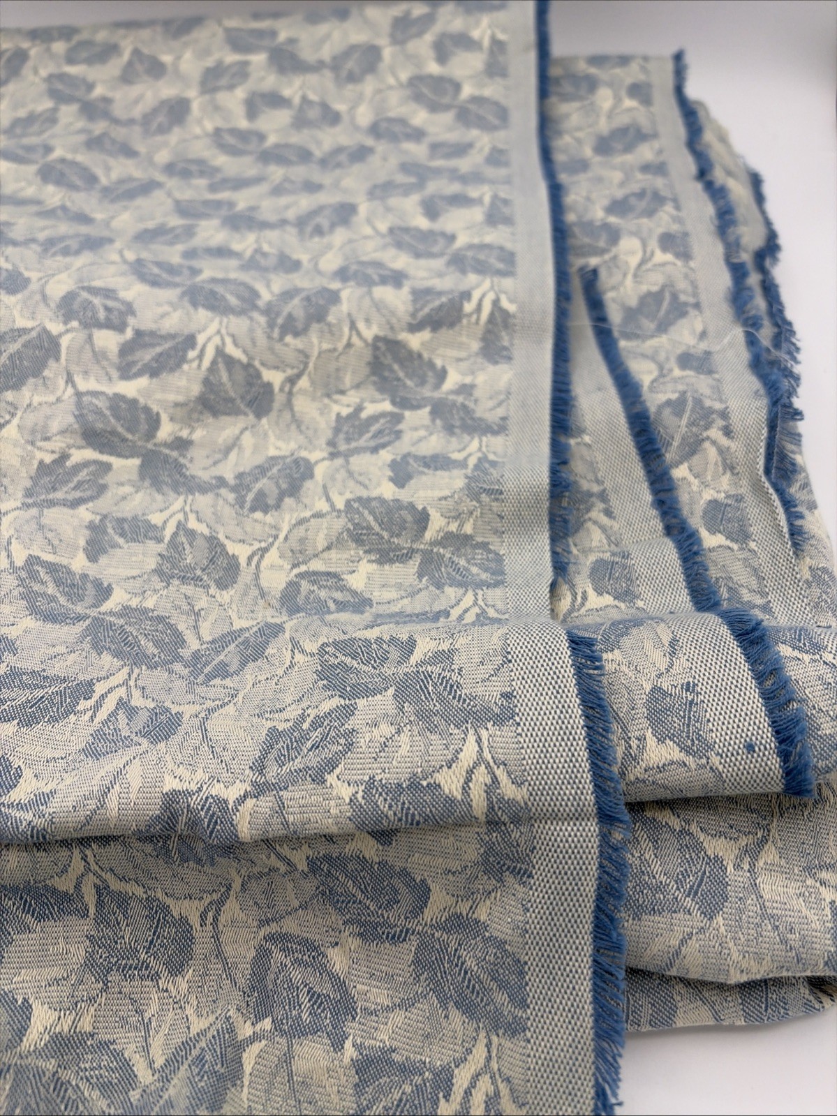 Vtg Blue White Leaf Jacquard Upholstery Fabric Remnant (76x55”) 2.11 yards Vtg Blue White Leaf Jacquard Upholstery Fabric Remnant (76x55”) 2.11 yards