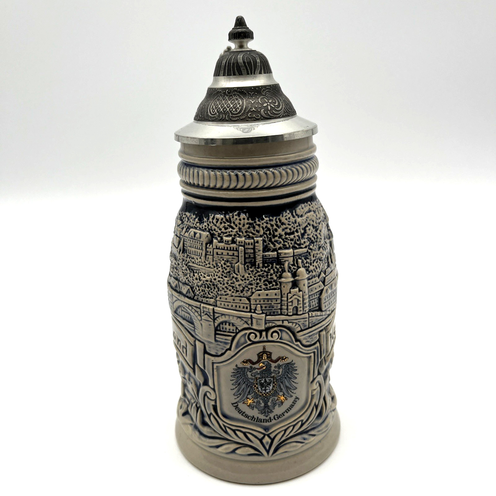 Vintage GERZ Heidelberg Germany Beer Stein Cobalt Blue Castle Bridge Pewter Lid