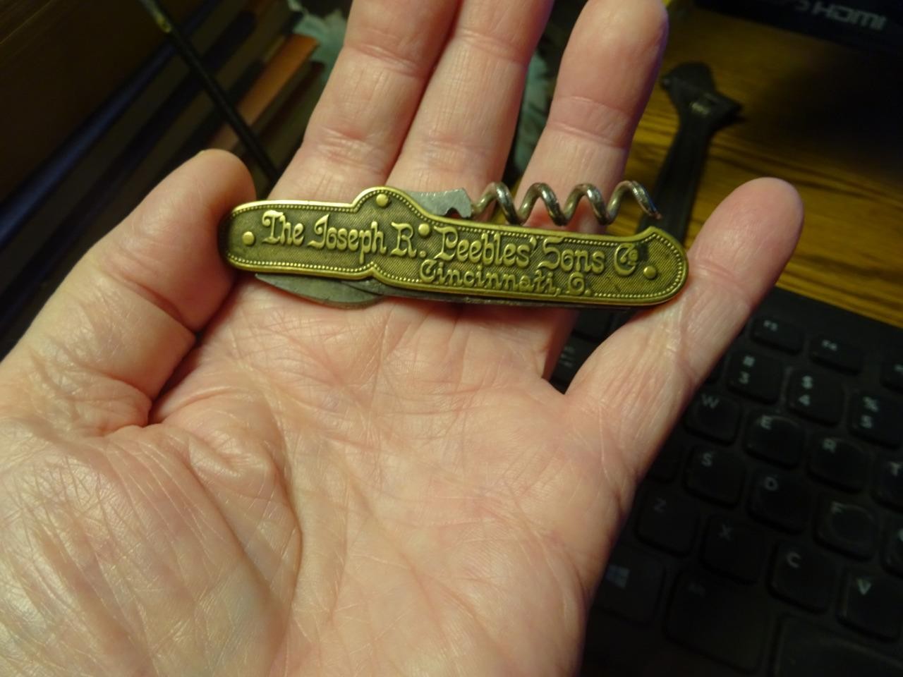 KNIFE CORKSCREW PRE-PRO 1876-1909 THE JOSEPH R. PEEBLES SONS CO. CINCINNATI OHIO KNIFE CORKSCREW PRE-PRO 1876-1909 THE JOSEPH R. PEEBLES SONS CO. CINCINNATI OHIO