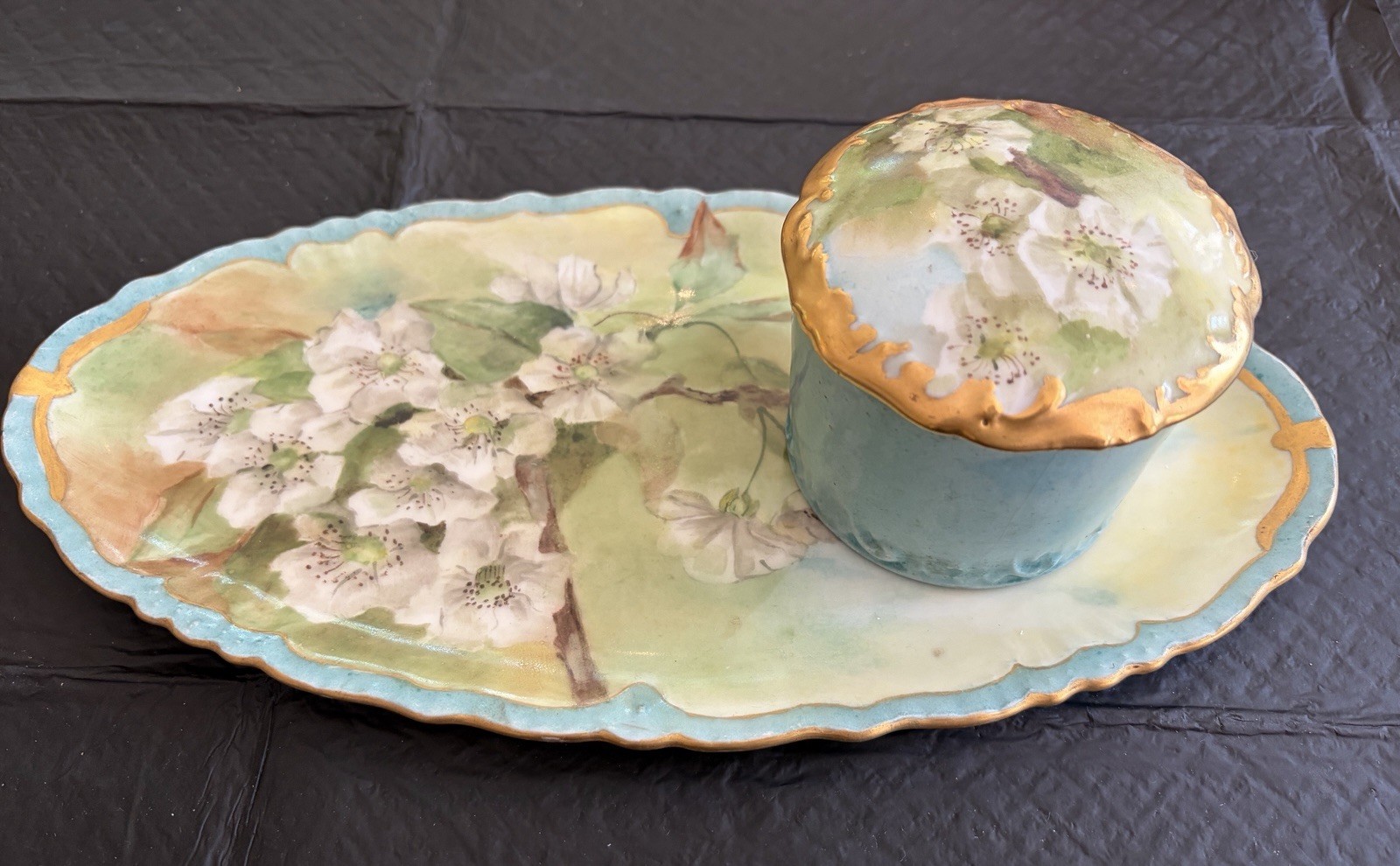 Antique Limoges Vanity Dresser Set Powder Jar Wild Roses JPL France Porcelain TV Antique Limoges Vanity Dresser Set Powder Jar Wild Roses JPL France Porcelain TV