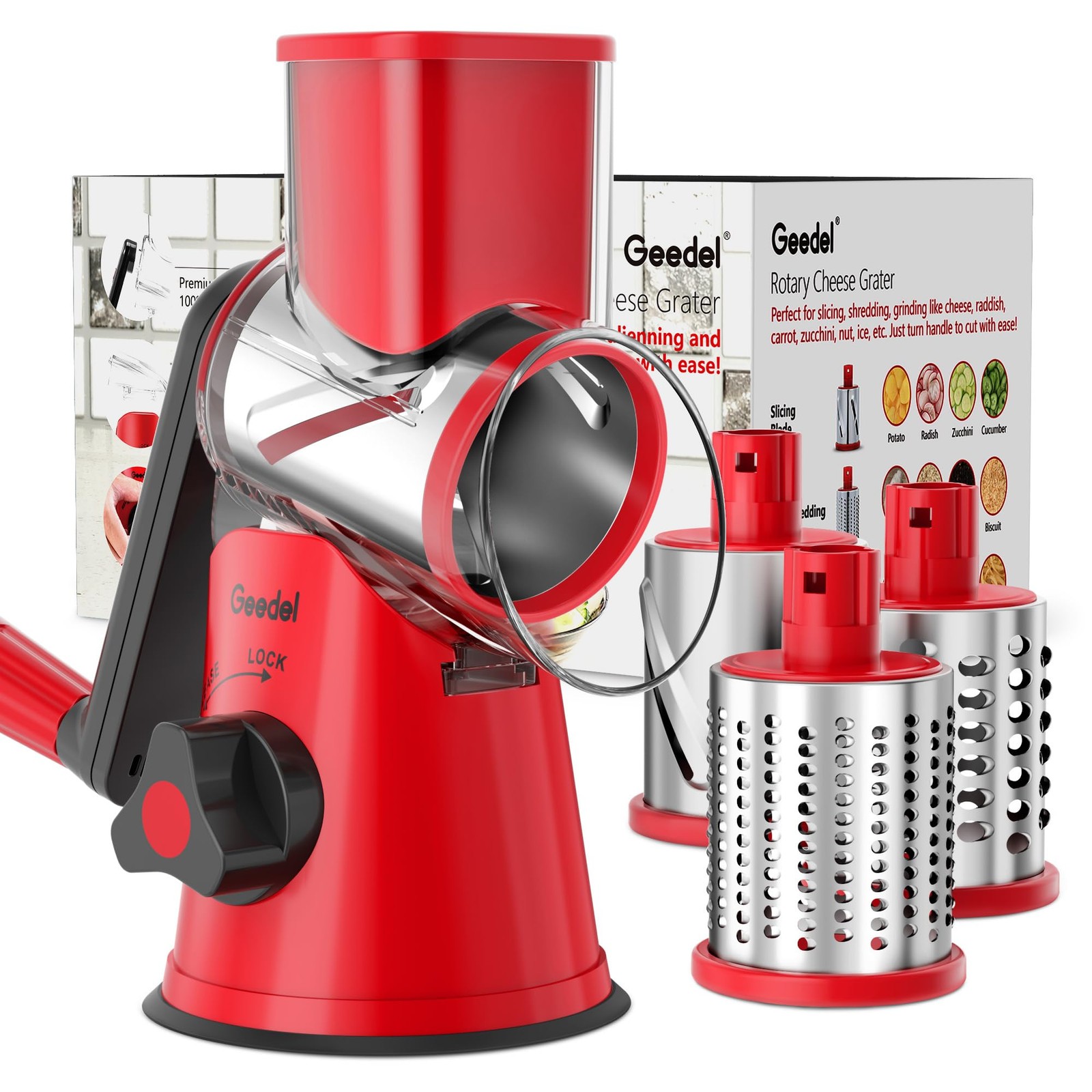 Geedel Rotary Cheese Grater, Kitchen Mandoline Vegetable 10.24x9.2x9.37, Red Geedel Rotary Cheese Grater, Kitchen Mandoline Vegetable 10.24x9.2x9.37, Red