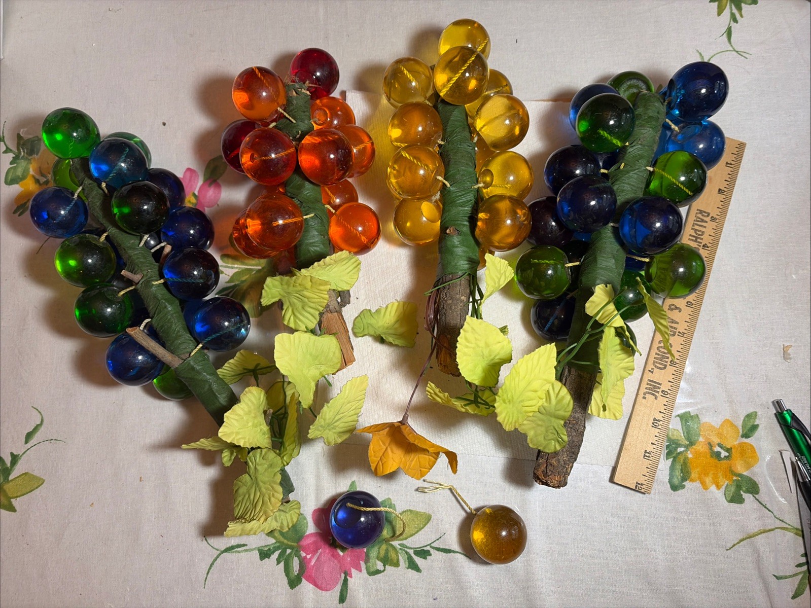 4 Vintage MCM Large Lucite Grapes Cluster On Wood Stems Blue Green Orange Yellow 4 Vintage MCM Large Lucite Grapes Cluster On Wood Stems Blue Green Orange Yellow